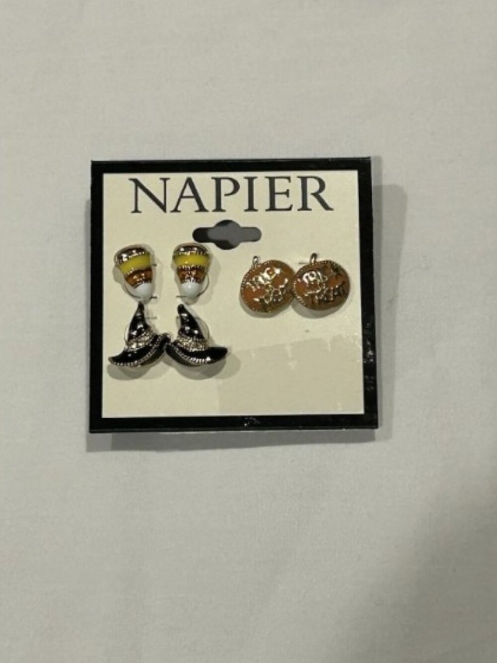 Napier 3 Pair Trick or Treat Pumpkin Witch Hat Candy Corn Halloween Earrings Set
